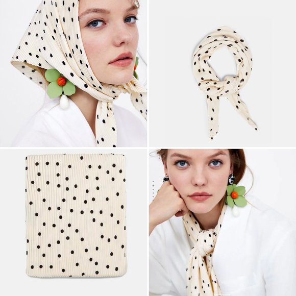 Zara Accessories - Zara Pleated Cream/Black Polka Dot Silky Scarf